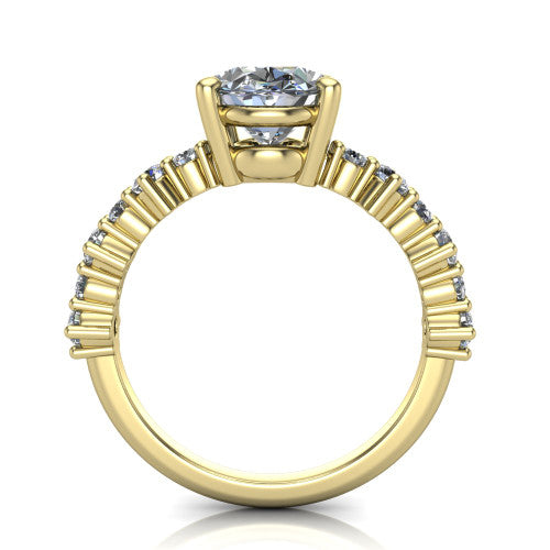 Leah oval classic engagement ring in 18K Yellow Gold with baguette and cluster accent band, through-finger front profile