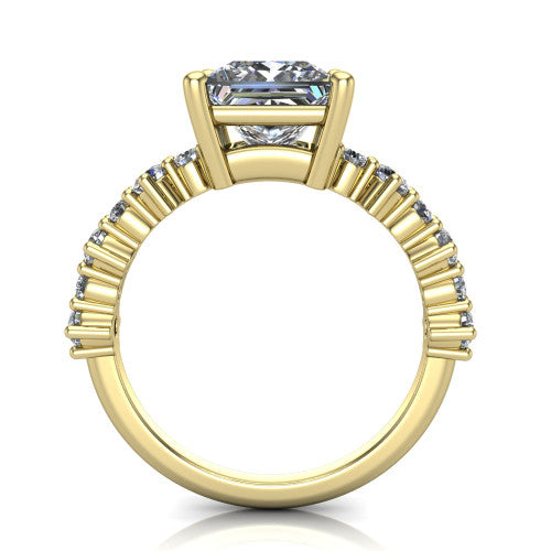 Leah princess classic engagement ring in 18K Yellow Gold with baguette and cluster accent band, through-finger front profile
