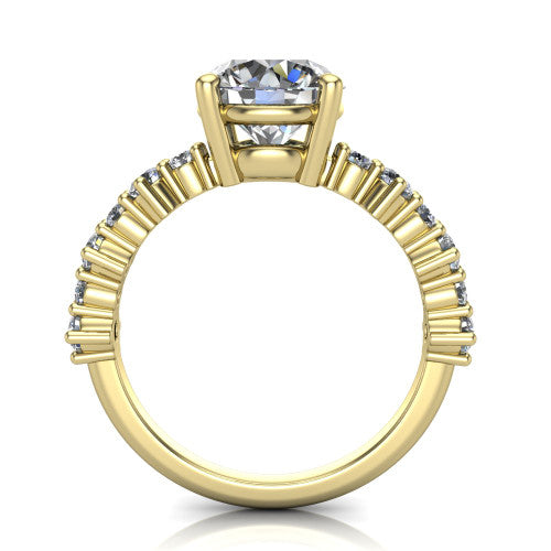 Leah round classic engagement ring in 18K Yellow Gold with baguette and cluster accent band, through-finger front profile