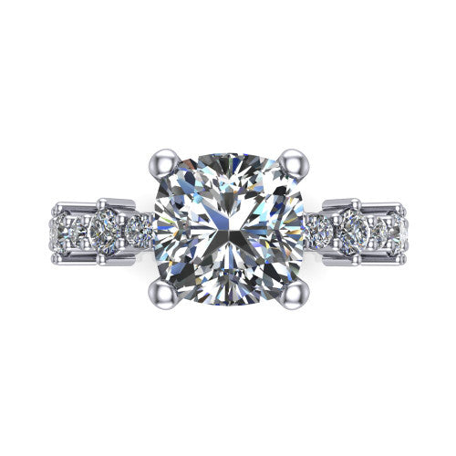 Leah cushion classic engagement ring in Platinum with baguette and cluster accent band, top-down view of the center stone and baguette accents