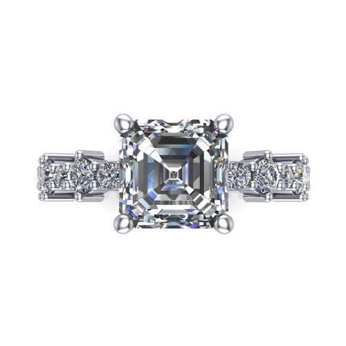 Leah asscher classic engagement ring in Platinum with baguette and cluster accent band, top-down view of the center stone and baguette accents