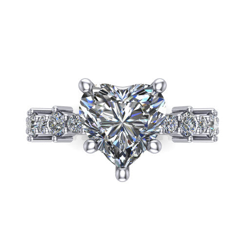Leah heart classic engagement ring in 14K White Gold with baguette and cluster accent band, top-down view of the center stone and baguette accents
