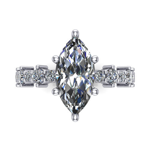 Leah marquise classic engagement ring in Platinum with baguette and cluster accent band, top-down view of the center stone and baguette accents