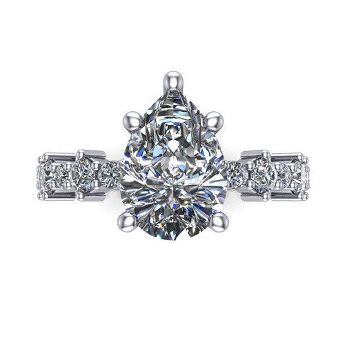 Leah pear classic engagement ring in Platinum with baguette and cluster accent band, top-down view of the center stone and baguette accents