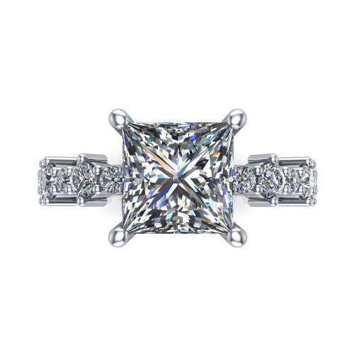 Leah princess classic engagement ring in Platinum with baguette and cluster accent band, top-down view of the center stone and baguette accents