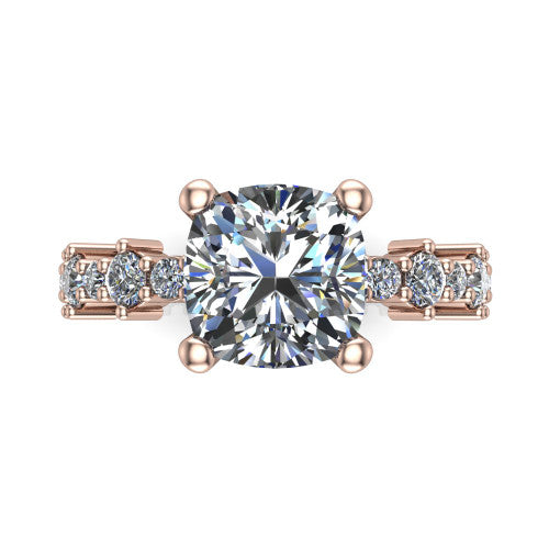 Leah cushion classic engagement ring in 14K Rose Gold with baguette and cluster accent band, top-down view of the center stone and baguette accents
