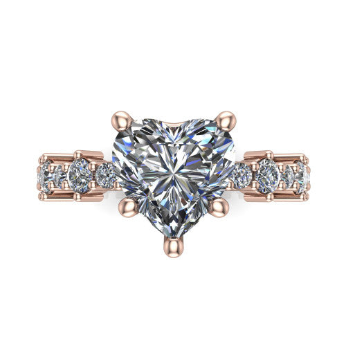 Leah heart classic engagement ring in 18K Rose Gold with baguette and cluster accent band, top-down view of the center stone and baguette accents