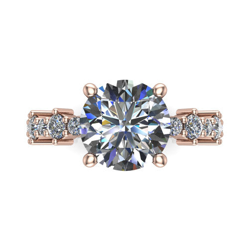 Leah round classic engagement ring in 14K Rose Gold with baguette and cluster accent band, top-down view of the center stone and baguette accents
