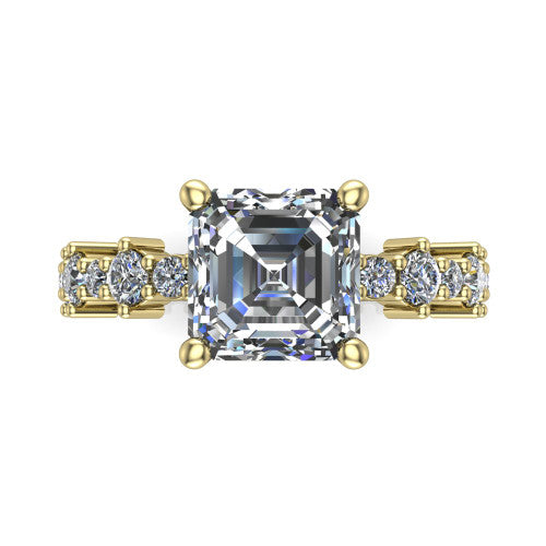 Leah asscher classic engagement ring in 18K Yellow Gold with baguette and cluster accent band, top-down view of the center stone and baguette accents