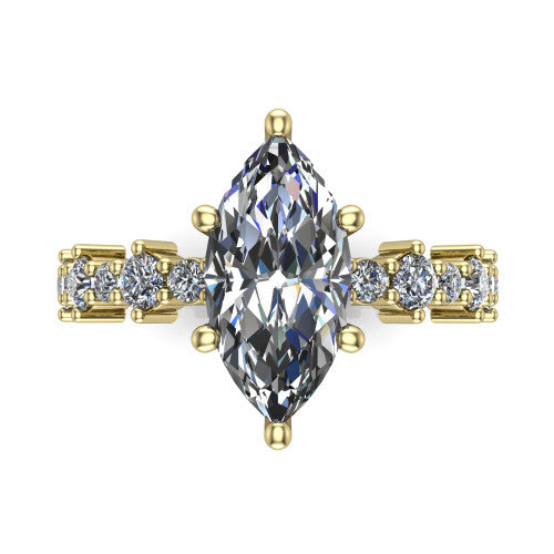 Leah marquise classic engagement ring in 18K Yellow Gold with baguette and cluster accent band, top-down view of the center stone and baguette accents