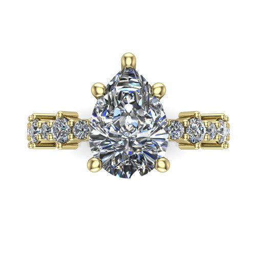 Leah pear classic engagement ring in 14K Yellow Gold with baguette and cluster accent band, top-down view of the center stone and baguette accents
