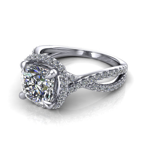 Bella Cushion Shape Halo Engagement Ring in 14K White Gold