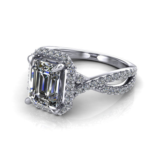 Bella Emerald Shape Halo Engagement Ring in Platinum