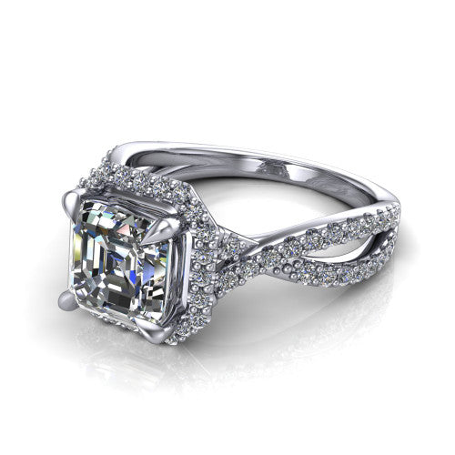 Bella Square Emerald Shape Halo Engagement Ring in 18K White Gold