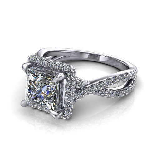 Bella Princess Shape Halo Engagement Ring in 14K White Gold