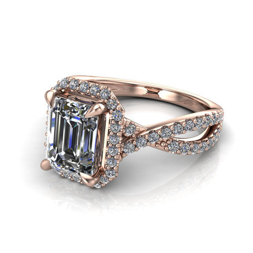Bella Emerald Shape Halo Engagement Ring in 18K Rose Gold