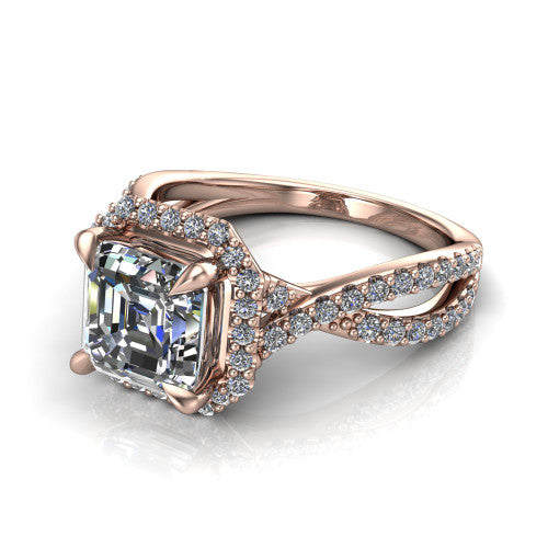 Bella Square Emerald Shape Halo Engagement Ring in 14K Rose Gold