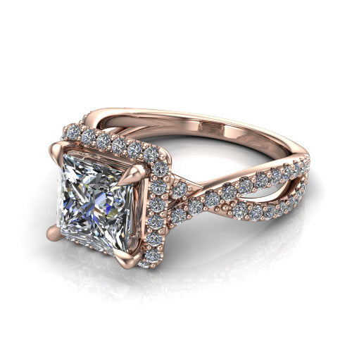 Bella Princess Shape Halo Engagement Ring in 14K Rose Gold