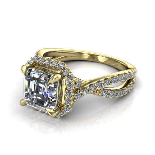 Bella Square Emerald Shape Halo Engagement Ring in 14K Yellow Gold