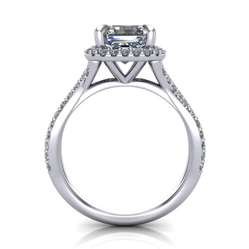 Bella Square Emerald Shape Halo Engagement Ring in 14K White Gold
