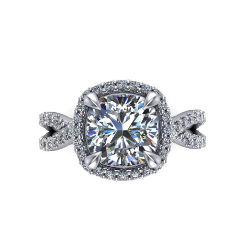 Bella Cushion Shape Halo Engagement Ring in 18K White Gold