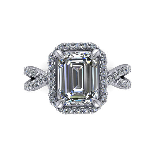 Bella Emerald Shape Halo Engagement Ring in 18K White Gold