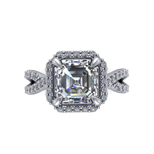 Bella Square Emerald Shape Halo Engagement Ring in 18K White Gold