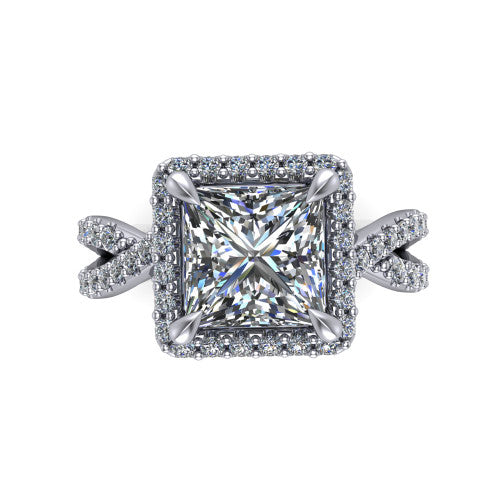 Bella Princess Shape Halo Engagement Ring in 14K White Gold