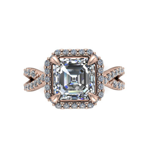 Bella Square Emerald Shape Halo Engagement Ring in 14K Rose Gold