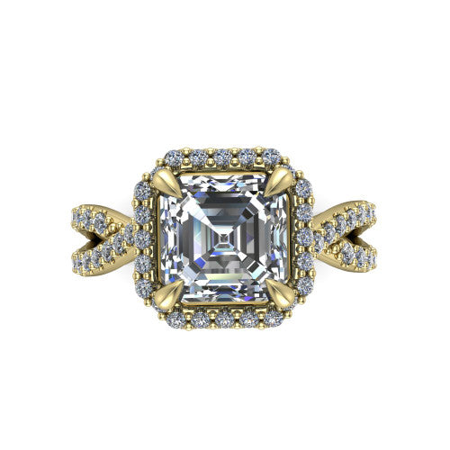 Bella Square Emerald Shape Halo Engagement Ring in 14K Yellow Gold