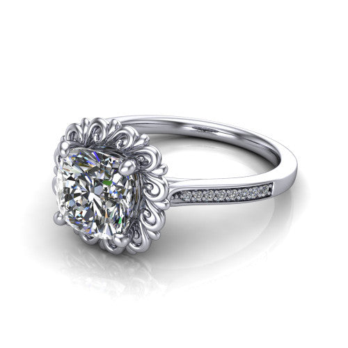 Eden cushion solitaire engagement ring in 14K White Gold with vintage floral filigree frame and pavé band, three-quarter perspective view