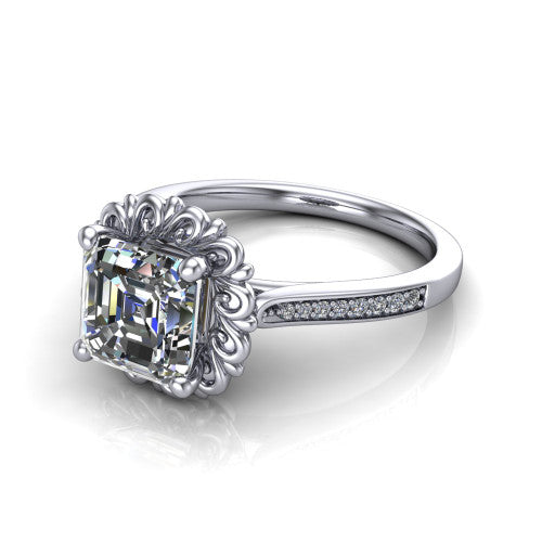 Eden asscher solitaire engagement ring in Platinum with vintage floral filigree frame and pavé band, three-quarter perspective view
