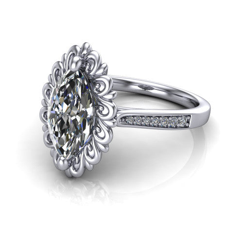 Eden marquise solitaire engagement ring in 18K White Gold with vintage floral filigree frame and pavé band, three-quarter perspective view
