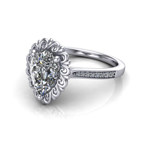 Eden pear solitaire engagement ring in Platinum with vintage floral filigree frame and pavé band, three-quarter perspective view