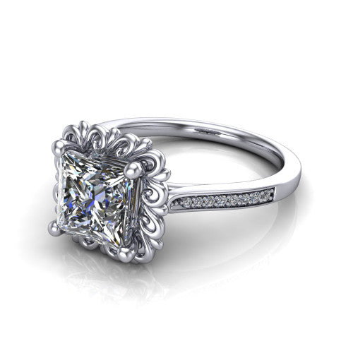 Eden princess solitaire engagement ring in Platinum with vintage floral filigree frame and pavé band, three-quarter perspective view