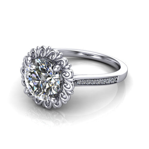 Eden round solitaire engagement ring in 18K White Gold with vintage floral filigree frame and pavé band, three-quarter perspective view