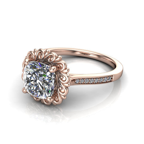 Eden cushion solitaire engagement ring in 18K Rose Gold with vintage floral filigree frame and pavé band, three-quarter perspective view