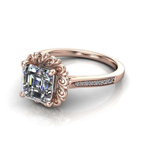 Eden asscher solitaire engagement ring in 18K Rose Gold with vintage floral filigree frame and pavé band, three-quarter perspective view