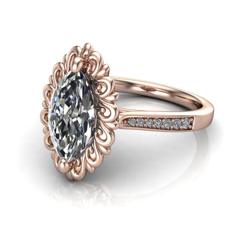 Eden marquise solitaire engagement ring in 14K Rose Gold with vintage floral filigree frame and pavé band, three-quarter perspective view