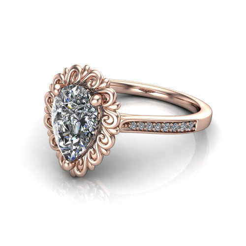 Eden pear solitaire engagement ring in 14K Rose Gold with vintage floral filigree frame and pavé band, three-quarter perspective view