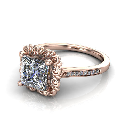 Eden princess solitaire engagement ring in 14K Rose Gold with vintage floral filigree frame and pavé band, three-quarter perspective view