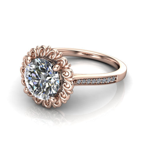 Eden round solitaire engagement ring in 14K Rose Gold with vintage floral filigree frame and pavé band, three-quarter perspective view