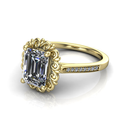 Eden emerald solitaire engagement ring in 18K Yellow Gold with vintage floral filigree frame and pavé band, three-quarter perspective view