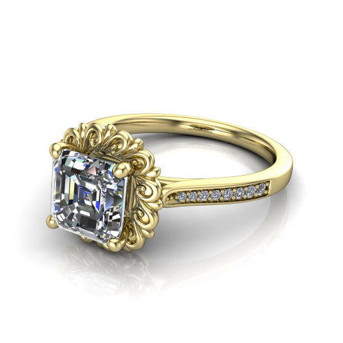 Eden asscher solitaire engagement ring in 14K Yellow Gold with vintage floral filigree frame and pavé band, three-quarter perspective view