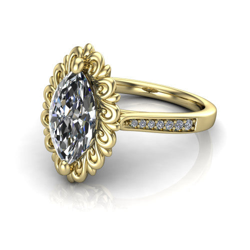 Eden marquise solitaire engagement ring in 18K Yellow Gold with vintage floral filigree frame and pavé band, three-quarter perspective view