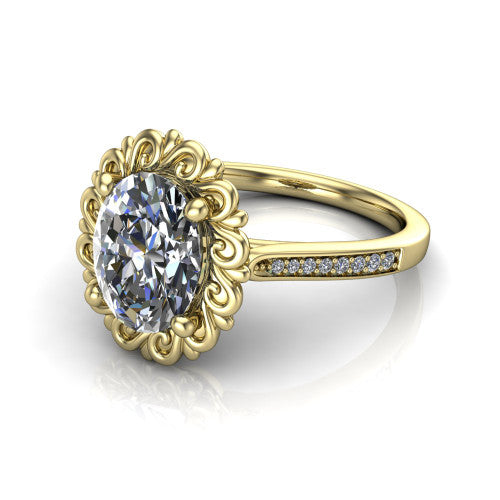 Eden oval solitaire engagement ring in 18K Yellow Gold with vintage floral filigree frame and pavé band, three-quarter perspective view