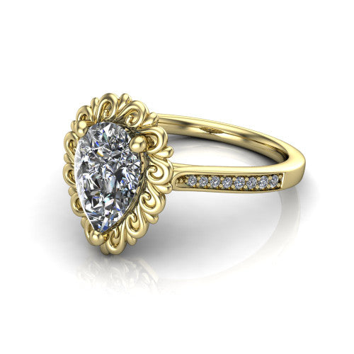 Eden pear solitaire engagement ring in 18K Yellow Gold with vintage floral filigree frame and pavé band, three-quarter perspective view