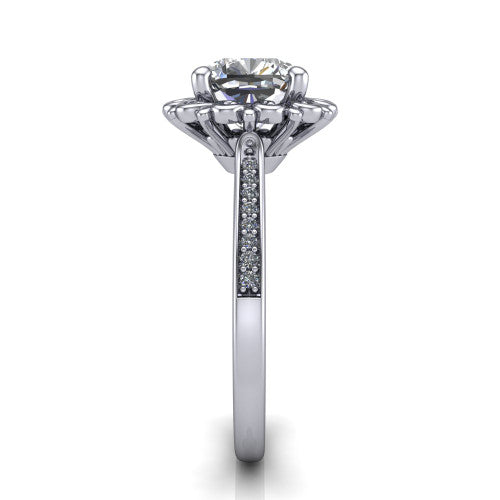 Eden cushion solitaire engagement ring in 18K White Gold with vintage floral filigree frame and pavé band, side profile showing the pavé band and filigree gallery