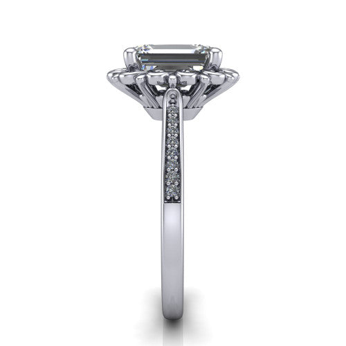 Eden emerald solitaire engagement ring in 14K White Gold with vintage floral filigree frame and pavé band, side profile showing the pavé band and filigree gallery