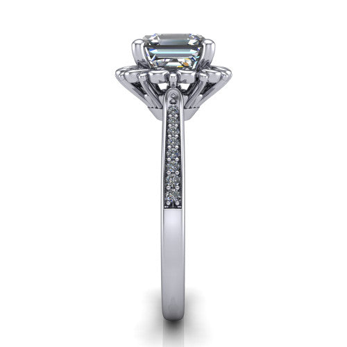 Eden asscher solitaire engagement ring in 14K White Gold with vintage floral filigree frame and pavé band, side profile showing the pavé band and filigree gallery